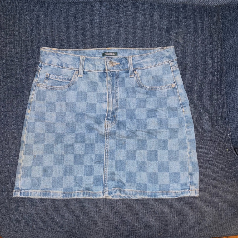 Blue Denim Checkered Skirt